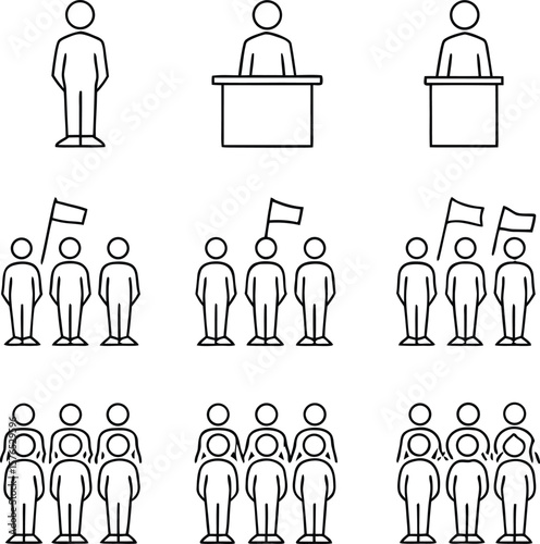 Collection of simple line art icons depicting people in various poses and group formations
