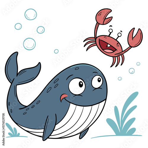 A cheerful cartoon whale swims with a happy crab isolated on white background