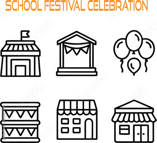 School festival celebration icons with tents balloons and stalls school event