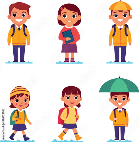 Six cartoon children with backpacks and umbrellas in yellow jackets and blue pants