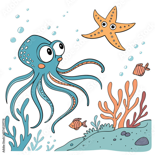 Cartoon octopus and starfish swimming in the ocean isolated on white background