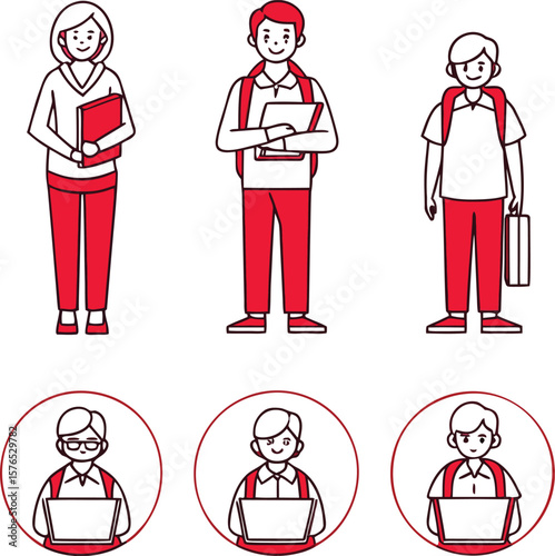 Three people with books and backpacks and three people using laptops student education