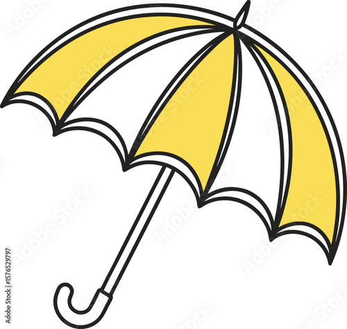 Yellow and white umbrella with black outline and handle on white background vector