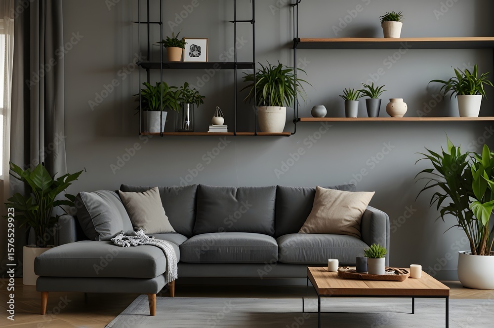 Fototapeta premium Interior of light living room with grey sofa, shelf unit and plants
