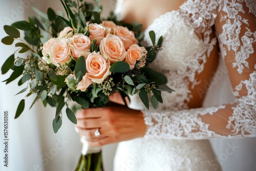 Elegant Bride Holding a Beautiful Bouquet of Pink Roses With Greenery in a Br...