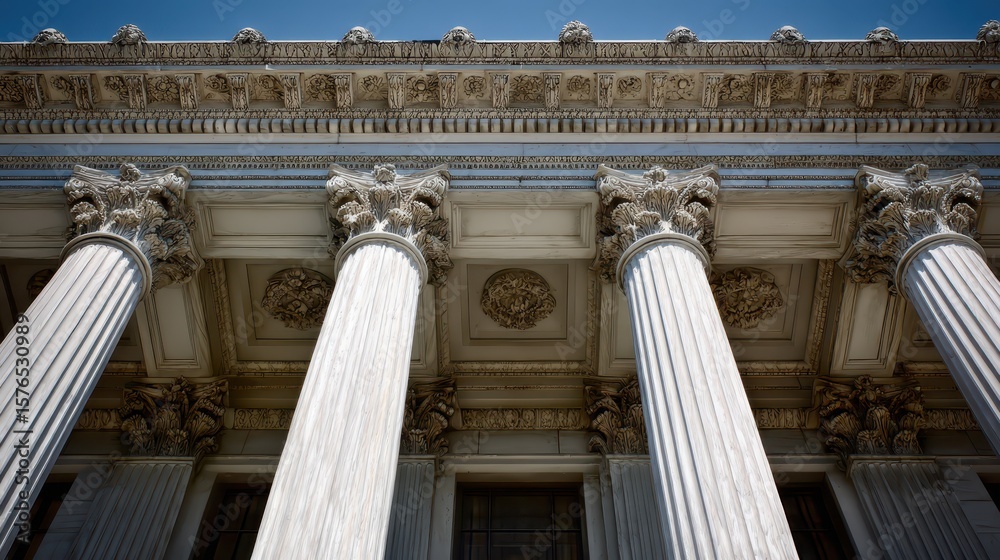 Fototapeta premium Ionic Marble Columns of a Classic Bank Building in California - Architectural Finance and Support Structure
