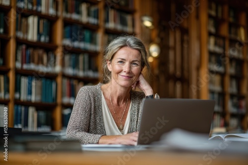 Cheerful Mature Woman Engaged in Online Learning at Library, Preparing for Her Return to Education