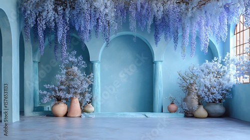 A serene wisteria floral backdrop with arches and vases creates a calming indoor scene