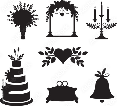 Wedding celebration objects bouquet arch candelabra cake bell vector