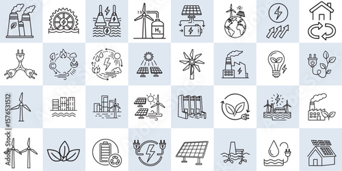 Collection of various line art vector icons representing renewable energy sources and sustainability concepts