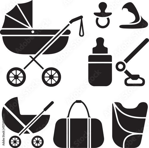 Baby carriage bottle pacifier bag and bib vector