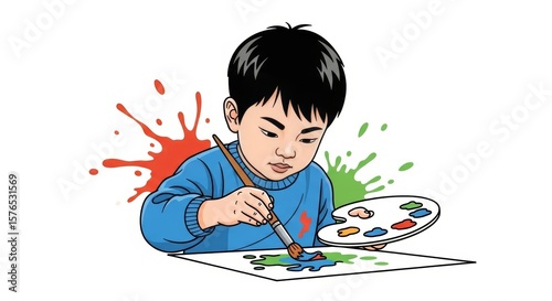 Young Asian Boy Engrossed in Painting on Paper with a Colorful Palette and Brush, Splashes of Paint