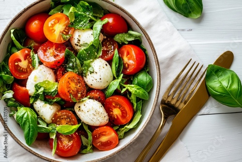 Fresh Tomato and Mozzarella Salad With Basil in a Bowl on a Wooden Table