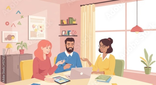 Creative business team in a meeting. Colleagues discussing a project together in a contemporary workspace.