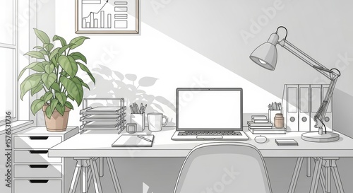 Workspace Illustration Modern Office Desk with Laptop, Plant, and Light