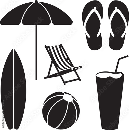 Beach umbrella surfboard deck chair flip flops beach ball drink vector