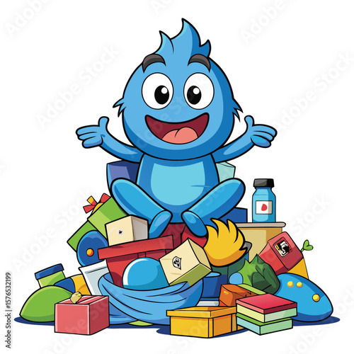 Blue cartoon creature sits amidst a pile of colorful presents and supplies