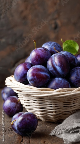 Freshly Harvested Plums in a Woven Basket on a Rustic Wooden Table