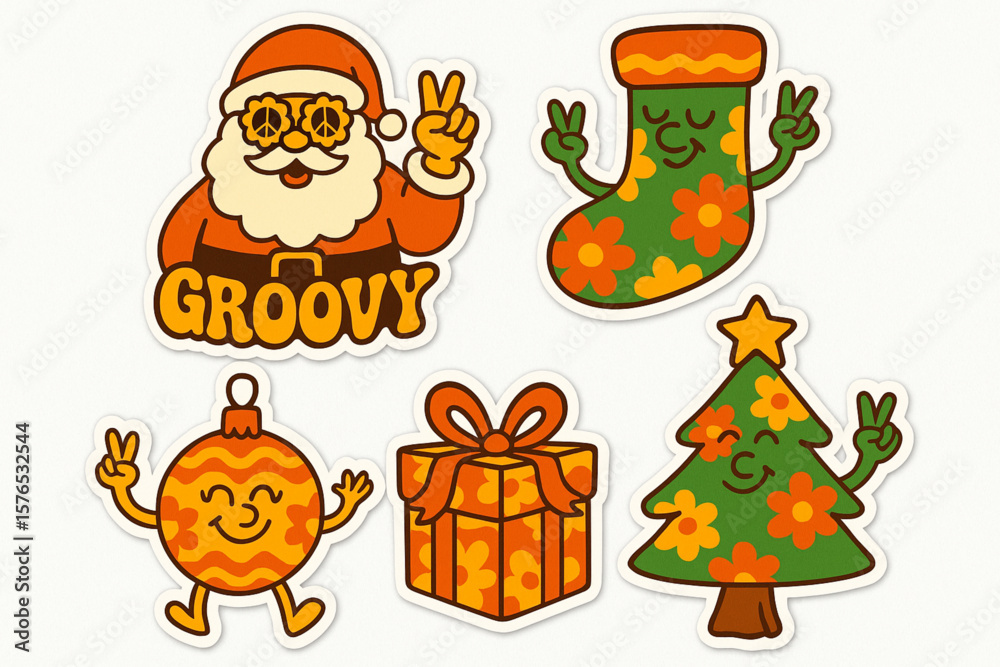Naklejka premium Groovy Hippie Christmas Stickers – Retro Santa, Tree, Gifts and Ornaments in 50s–70s Cartoon Vector Style on White