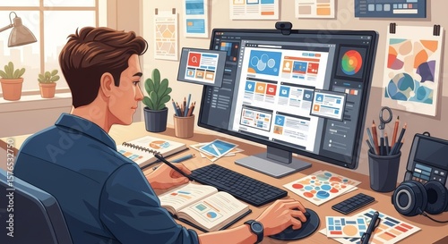 Web Designer at Work Designing UI/UX with Computer and Software