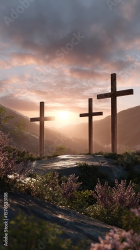 Three Wooden Crosses Stand on a Hillside as the Sun Rises Over the Mountains