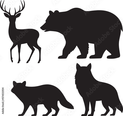 Black silhouettes of wild animals including a deer bear wolf and raccoon vector