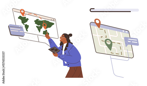 Woman interacts with digital map interface while holding a tablet, using geolocation pins for navigation. Ideal for navigation, travel, technology, innovation, geolocation, planning education. A