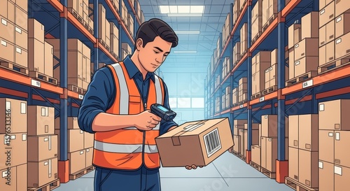 A logistics employee meticulously scans a package barcode in a vast warehouse, illustrating efficient supply chain management and order fulfillment.
