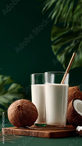 Refreshing Coconut Milk Served in Tall Glasses Surrounded by Fresh Coconuts a...