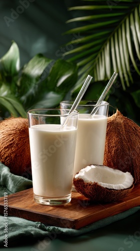 Refreshing Coconut Milk Served in Glasses With Natural Tropical Surroundings ...