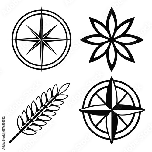 Abstract Symbols Compass Rose Laurel Branch Starburst Design vector