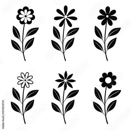 Black and white floral motifs with leaves and stems flower bloom