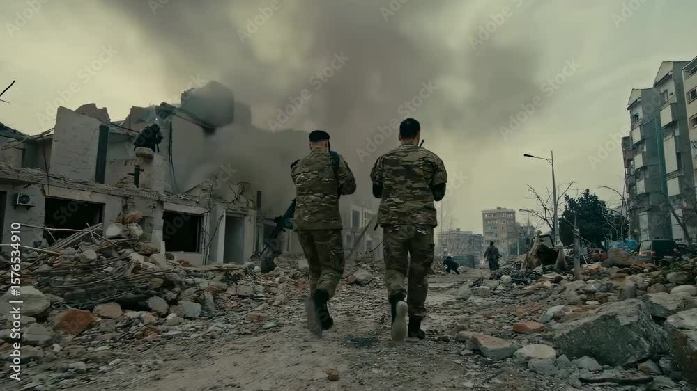 Soldiers Patrolling in War-Torn City with Smoke and Rubble
