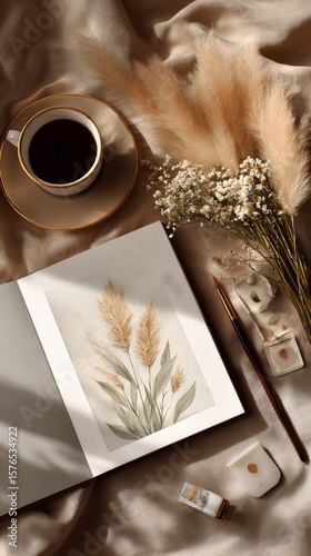 Creative Workspace Featuring Nature-Inspired Art and Cozy Coffee Moment in So...