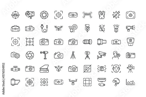 Collection of Photography and Videography Equipment Icons in Black and White Line Art