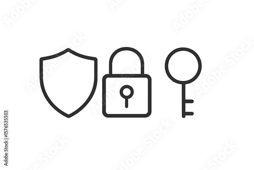 Symbols of security featuring a shield, padlock, and key illustrating protection and safety measures in a minimalist design