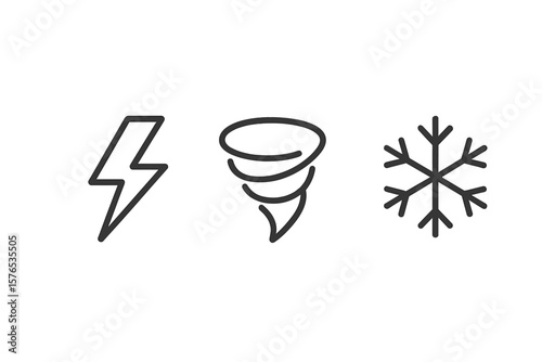 Weather symbols representing lightning, tornadoes, and snowflakes in a simple design