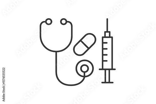 Stethoscope, syringe, and medicine capsule arranged on a flat surface in a medical setting