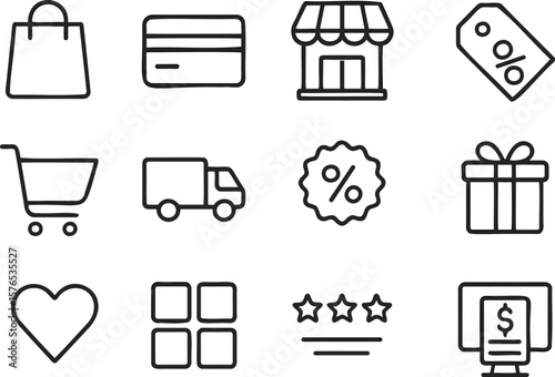 Various shopping and retail icons representing consumer activities and transactions in a minimalist style