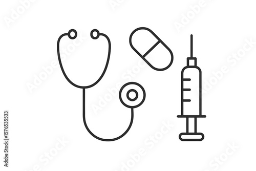 Medical tools including a stethoscope, syringe, and pill on a simple background illustrating healthcare concepts and practices