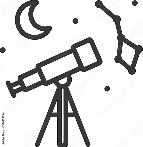 Stargazer observes the night sky with a telescope near a crescent moon and constellations