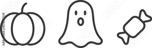Fun Halloween symbols featuring a pumpkin, ghost, and candy on a minimalist background