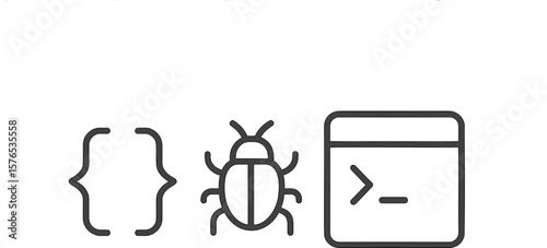 Software debugging illustration featuring code brackets, a bug icon, and a coding terminal interface