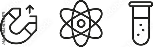 Symbols of science showcasing magnetic force, atomic structure, and chemical experimentation in a minimalist design