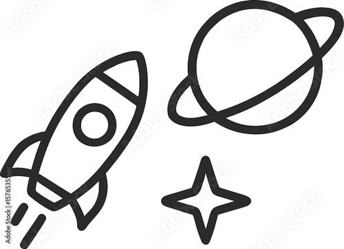 Rocket launches towards a planet in a starry space setting with simple line art design