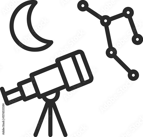 Exploring the night sky with a telescope during a crescent moon phase and star constellations