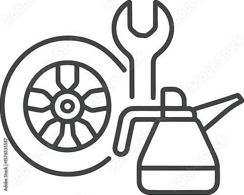 Iconic representation of automotive tools and parts for car maintenance and repair in a simplified design