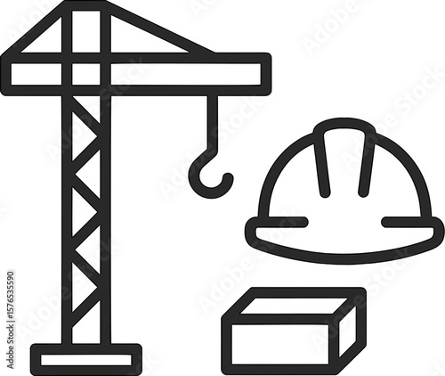 Construction site elements featuring a crane, hard hat, and building materials in a busy urban environment