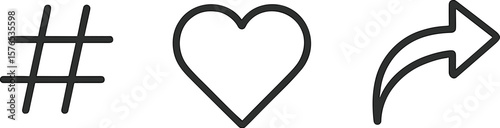 Symbols representing social media engagement, including hashtag, heart, and share icon in simple black design