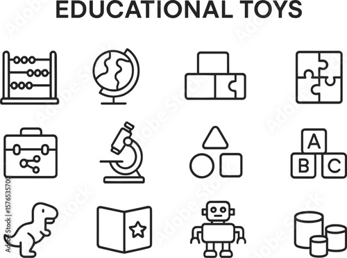 Various educational toys displayed, including an abacus, globe, and puzzles for interactive learning experiences